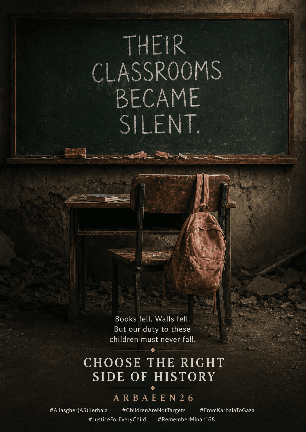 An empty classroom as a symbol of interrupted childhood