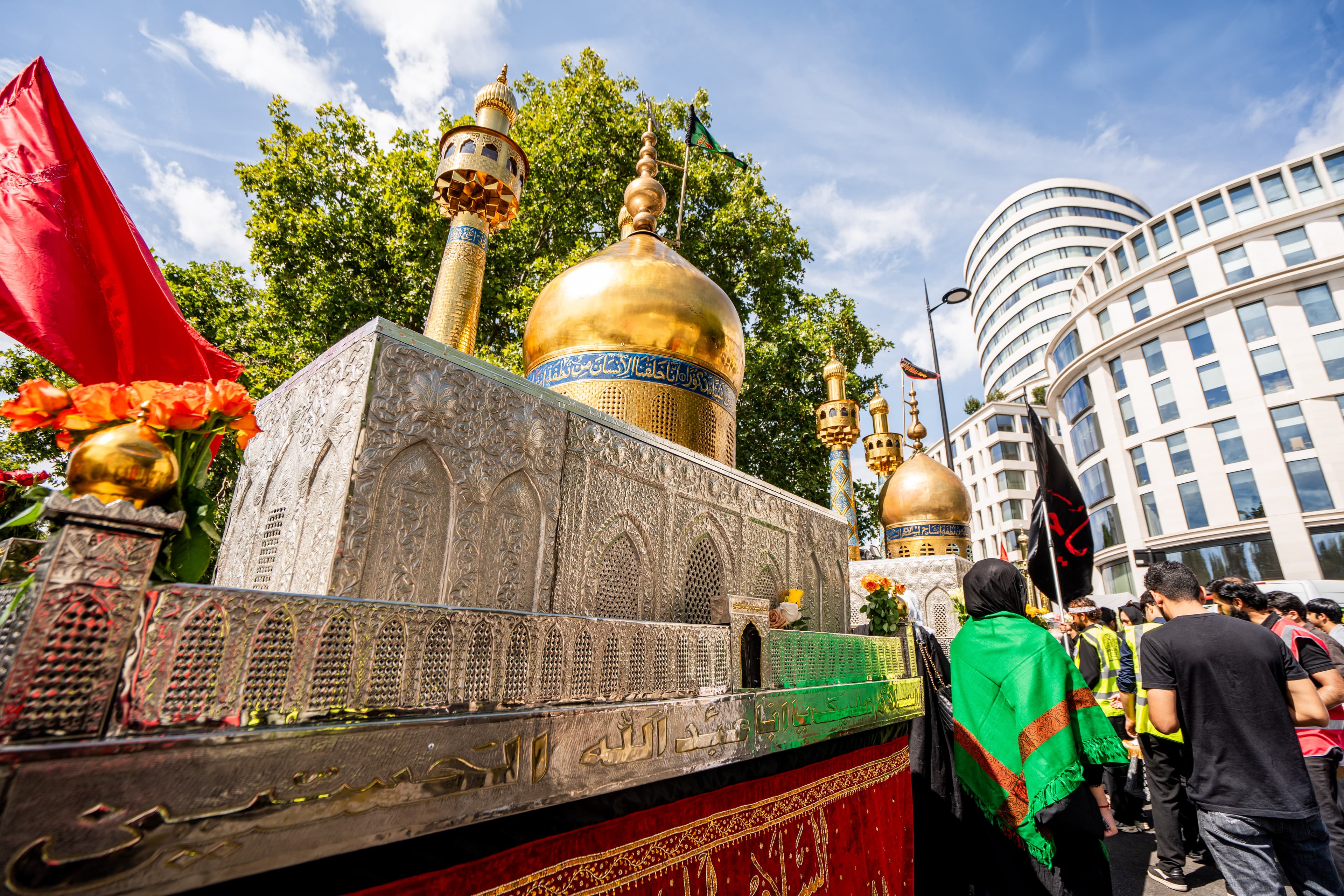 A close view of the Arbaeen ceremonial structure and procession.