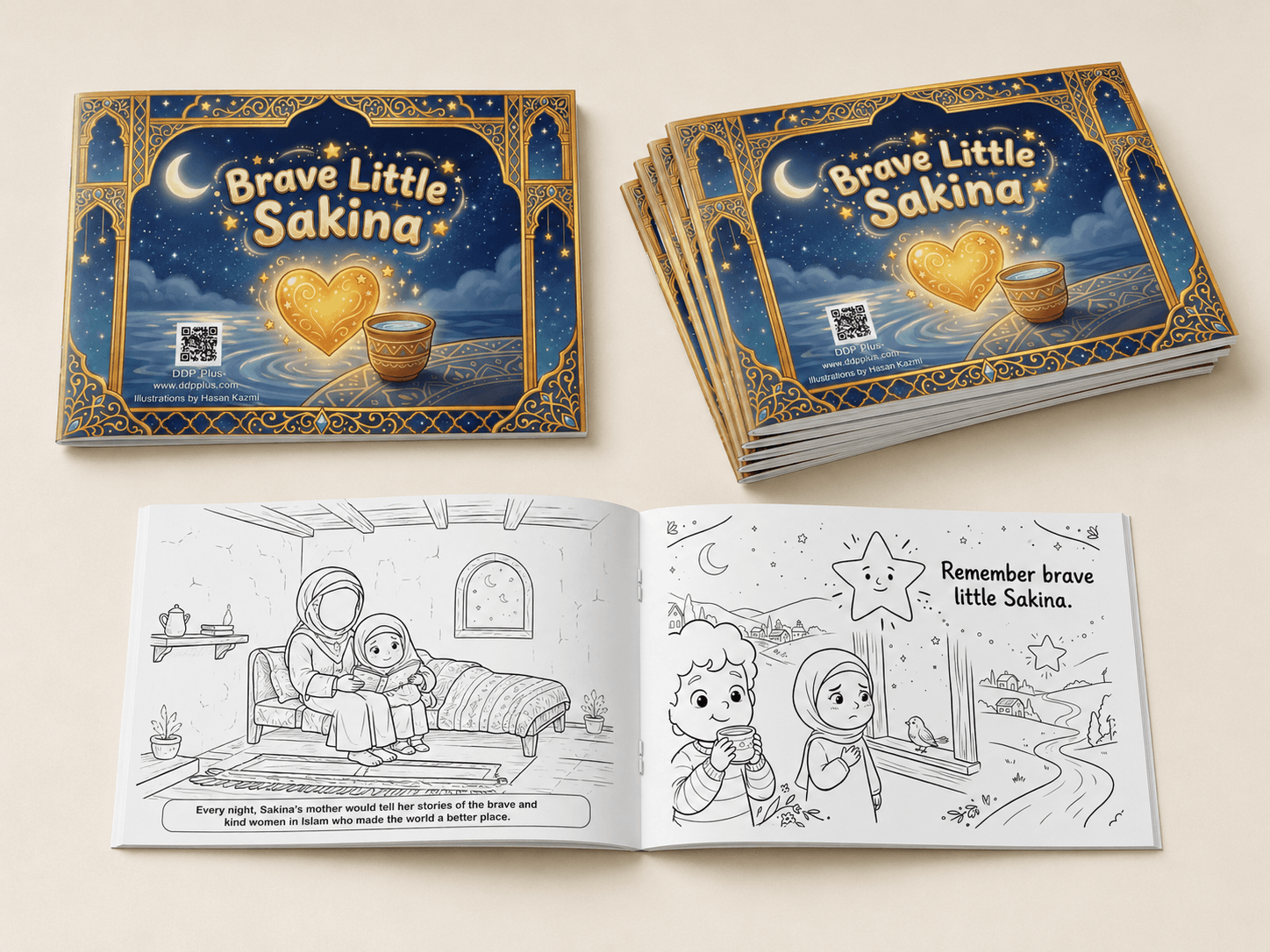 Brave Little Sakina illustrated colour book, shown open with its decorated cover